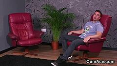 foxy peach gets cumshot on her face eating all the charge. it's bizarre and intense