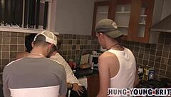 Perverted Sex Addicts Pump and Drench Two Lads Kneeling on Chairs with Arses Out for Wild Action