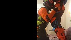 gay motocross rider gives blowjob in costume fetish.