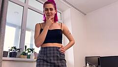 pov action unfolds with blowjob, missionary, cowgirl, and doggystyle. cum lands on her skirt.