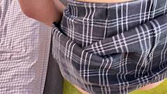 pov action unfolds with blowjob, missionary, cowgirl, and doggystyle. cum lands on her skirt.