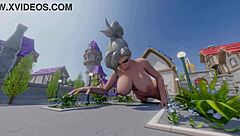 Mercy towers over Blizzard World spawn with kinky crossdressing flair. It’s a wild anime twist!