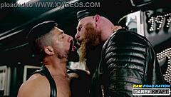 extreme german leather guys in a rough 3-way blowjob session, bareback and all