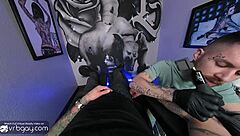 sexy tattoo master sucks and rides bareback in gay group pov masturbation.