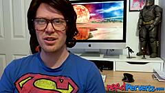 Wow, two lucky nerds get blown by an insatiable UK slut!