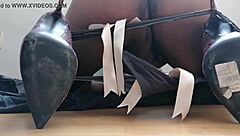 A mexican woman MASTURBATES while wearing pink HEELS.