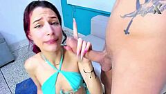 The wonderful Jazmin impresses by swallowing a whole cock with ease.