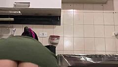 I hid and recorded my huge-assed blonde maid cleaning the kitchen, shocked by her giant cock.
