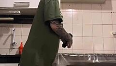 I hid and recorded my huge-assed blonde maid cleaning the kitchen, shocked by her giant cock.