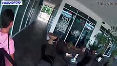 she's givin' a risky blowjob in the public toilet, quick and fast