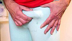 Dude Has Hard Cock in Tights, Shows Pre-Cum in Flashing Tease