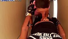 she's givin' a risky blowjob in the public toilet, quick and fast