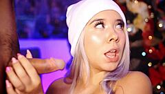 Valentina, big-bottomed blonde, sucks cock deep until mouth and throat overflow.