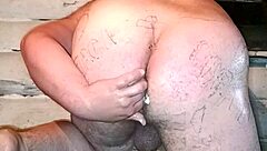 Crazy Russian gay with painted lips tests anal limits with a pack of butter.