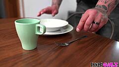 Busty Blonde Babe Gets Rough Deepthroat From Muscular Dude