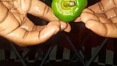 mature woman masturbating with plantain versus pepper, getting wet and cumming