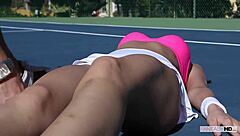 My tennis coach stunned by my smooth pussy display.