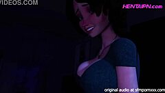 Milf 3d hentai with short hair, green shirt, big chest, shorts, and red thong giving in bedroom