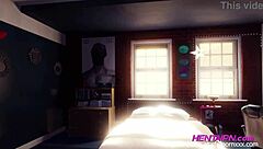 Milf 3d hentai with short hair, green shirt, big chest, shorts, and red thong giving in bedroom