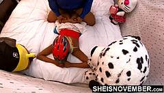 MsNovember's red thong pulled from ebony pussy after bike ride.