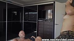 In lingerie and heels, this cutie spreads shaved holes for Nacho Vidal. He stuffs his huge cock in her bald slit!