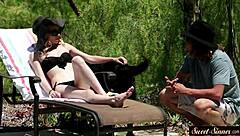 Beautiful stepdaughter bounces intensely on hard cock in cowgirl position, her small tits jiggling.