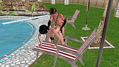 In this animated 3d sex scene, a cute lesbian girl fucks another from behind.