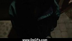 Ebony ball sucking outdoors.