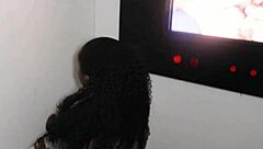 Oh wow, this petite black hottie with small tits and nice ass is blowing strangers at the gloryhole 😏🍆