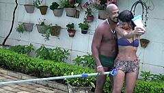 European brunette amateur gives pool cleaner blowjob