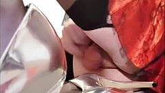 Look at this shemale in a court corset! Selena's stroking hard in sexy heels.