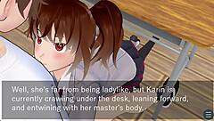 karin under the desk in school blazer, giving oral love