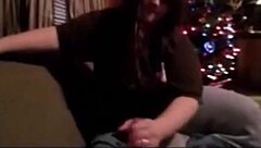 wife deepthroat husband dick on christmas for her gife wihe her swallowing mouth full