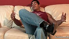 Hot gay dude strips and masturbates in hardcore action