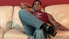 Hot gay dude strips and masturbates in hardcore action