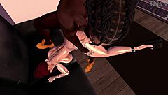 in a cartoon narrative, the black man engages with the redhead white woman on her couch in a 3d anime setup