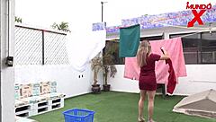 Sexy blonde neighbor gets hard mouth and ass action. Creampie finishes the rough session next door.