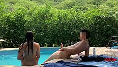 Natasha and Megan Tan Naked, Join Lucky Guy in Pool.