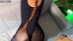 my lover gets wild fucking me in a nylon suit, cumming all over my pantyhose