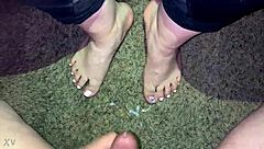 hot amateur latina gets a wild cumshot on her feet. pov footjob leaves her dripping with jizz.