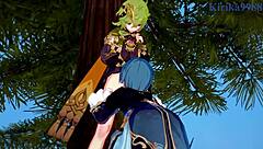 i watch shenhe and collei and xingqiu havin intense sex in genshin impact hentai with big tits and creampie