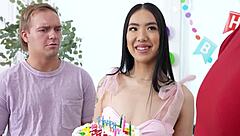 Asian guy rides big cock in doggystyle and gets covered in cum