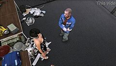 Cristina, bend over for the two mechanics in the workshop.