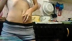 just jerking off in the kitchen while parents watch tv nearby, sneaky orgasm hits hard.