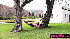 petite russian beauty strips outdoors showing big boobs and ass