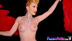 skinny big boobed blonde milf miranda strips in slutty burlesque costume