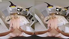 Blonde slut cheats on husband with local milkman in VR, featuring cumshots on tits, doggystyle, and riding