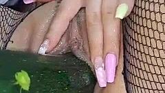 Wow, hot Colombian stuffs cucumber in vagina for intense squirting pleasure!