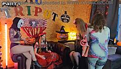 Just chilling with 5 girls at Halloween party, Alice Maze leading wild strapon fun.