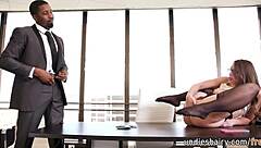 Slutty office girl rubs her pussy before sucking her boss's monster black dick. Isiah Maxwell and Gia Derza heat up the office.